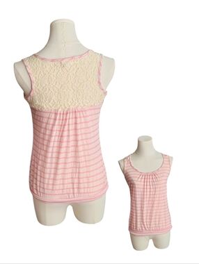Y2K January 7 Vintage Pink Striped Tank Top With Cream Lace Back Size Small